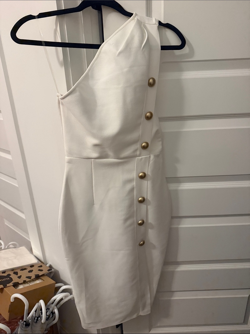 One-Shoulder White Dress with Gold Buttons